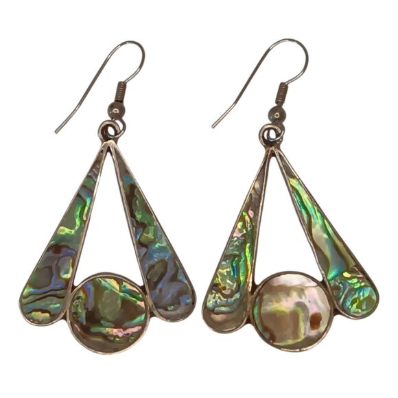 Vintage Alpaca Mexico Silver Abalone Mother of Pearl Pierced Earrings Fan Shaped - Picture 2 of 8